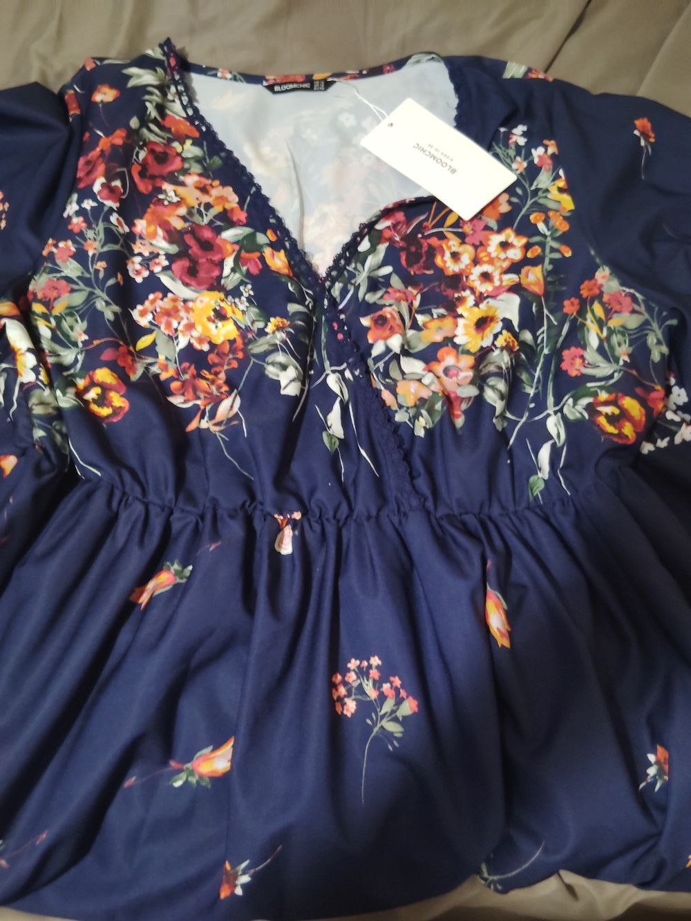 BloomChic Navy Floral V-Neck Tunic with Lace Trim